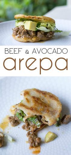 an image of beef and avocado arepa on a plate with the title above it