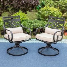 two chairs sitting on top of a blue rug next to each other in front of trees