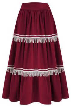 A beautiful "1950s Western-styled" Full-Circle Skirt with stunning fringe tassels and ricrac detailing just like the vintage patio sets.. A full buttoned front and neat inseam pockets. The buttons have cute textured rims, just like the originals. It has oodles of fabric that hangs luxuriously and swings out beautifully into a full circle when you twist and swirl. The Polly Crepe fabric hangs beautifully, is super soft to the touch, and is easy to care for, too. **Skirt Only, Pictured with matchi 1950s Western, Vintage Style Skirts, Vintage Patio, 1950s Fashion Dresses, Patio Sets, Full Circle Skirts, Velvet Skirt, Tassel Fringe, 1950s Fashion