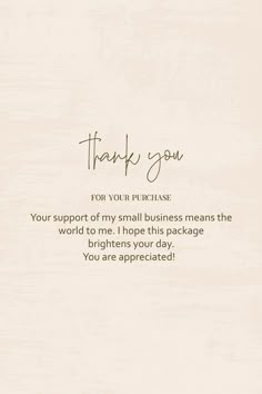 a thank card with the words, thank you for your purchase