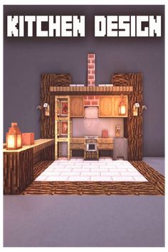 an image of a kitchen in minecraft with the words kitchen design on it's side