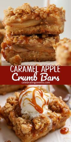 caramel apple crumb bars with ice cream on top