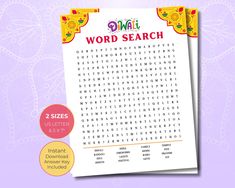 the word search is displayed on a purple background