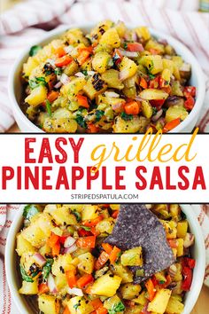 an easy grilled pineapple salsa in a white bowl with tortilla chips