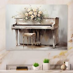 a painting of a piano with flowers on it