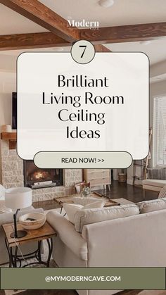 a living room with white furniture and wood beams on the ceiling is featured in this post