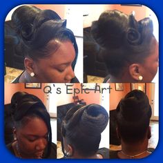 Epic Bun Style Pin Curl Bun, Bun With Swoop, Swoop Braids, Rolls Hairstyle, Black Women Updo Hairstyles, French Rolls, Pin Curl, Bun Style