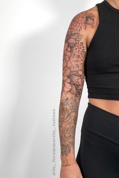 Shows an arm with fresh black linework tattoo of dahlias and dotwork mandalas. With black line details and shading. Tattoo Inspo Women Sleeve, Whole Sleeve Tattoos For Women, Back Hand Tattoo, Tattoo Flowers Arm, Floral Com Mandala, Floral Mandala Tattoo Sleeve, Peony Sleeve, Blackwork Floral