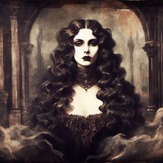 a painting of a woman with long dark hair and white make - up on her face