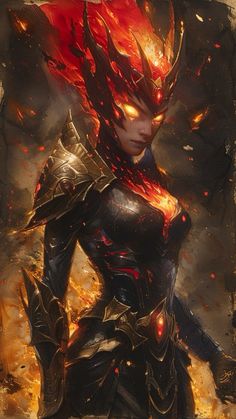 an image of a woman with flames on her face and chest, standing in front of a