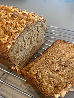 two slices of banana bread on a cooling rack