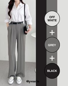 Korean Fashion Neutral, Formal Minimalist Outfit Women, Hijab Outfit Inspo Casual, White Color Combinations Outfit, Outfit Formal Hijab, White Shirt Outfit Hijab, Grey Combination Color, Grey Color Combinations Outfits, Outfits With Grey Pants