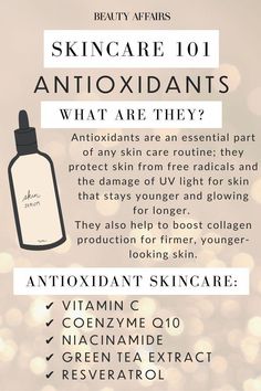 We’ve already touched on specific antioxidants and their benefits for skin, such as Resveratrol and Vitamin C - but these aren’t the only antioxidants that you’ll find in skincare.  There’s a whole lot of them - and what they have in common is that they’re all amazing for skin. If you want glowing skin, you needed an a Esthetician Knowledge, Acne Guide, Skincare Journal, Esthetician Tips, Pocket Dictionary, Antioxidants Skincare, Koleksi Makeup, Medical Esthetician