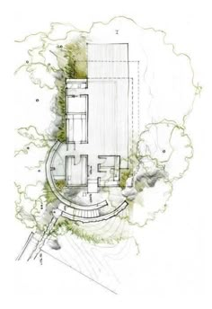 an architectural drawing of a house surrounded by trees and bushes, with the floor plan drawn out