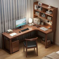 a wooden desk with a computer on top of it