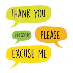 three speech bubbles with the words thank you and i'm sorry, please me