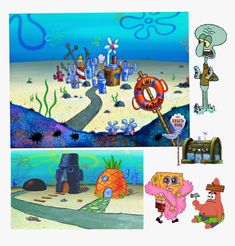 the spongebob cartoon is shown in three different scenes, including an octopus and squid