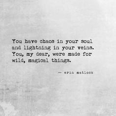 the quote you have chaos in your soul and lighting in your veins, you're dear, were made for wild, magic things