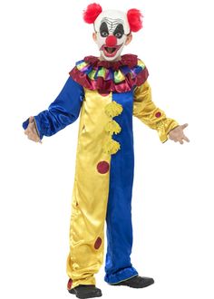 a clown in a blue and yellow suit is posing for the camera with his hands out