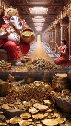 an image of the god ganesha with gold coins in front of him and his wife