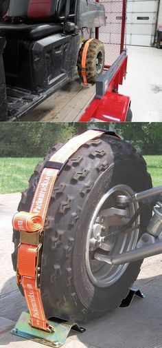 two pictures side by side one with a tire and the other with an orange belt