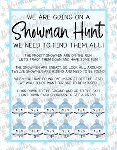 the snowman hunt poem is shown in blue and white