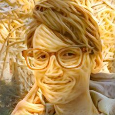 a man made out of noodles with glasses on his face and hair blowing in the wind