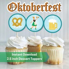 three cupcakes with frosting on top and the words oktoberfest above them