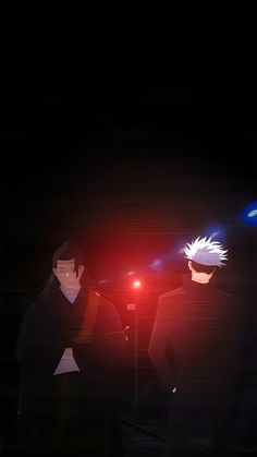 two anime characters standing in the dark with red light shining on their faces and hair