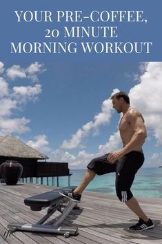 a man working out on a treadmill with the words your pre - coffee, 20 minute morning workout