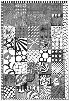 a black and white drawing of many different patterns