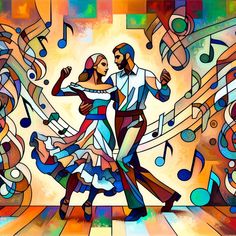 a painting of two people dancing in front of musical notes and music staffs on a colorful background