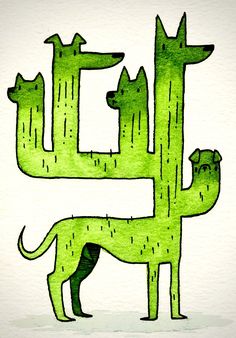 a drawing of a dog standing next to a large green cactus with the letter l on it's side