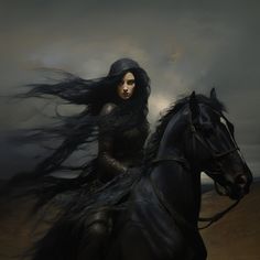 a woman riding on the back of a black horse with long hair flying through the air