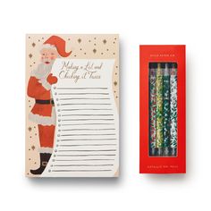 a notepad with santa claus and christmas writing on it next to a box of pencils