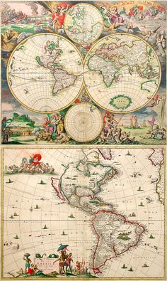 an old map shows the world in three different sections