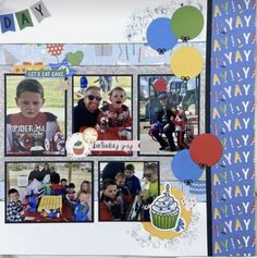 a scrapbook page with photos and balloons