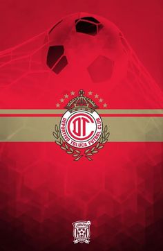 a soccer ball on a red background with the emblem of an official team and name