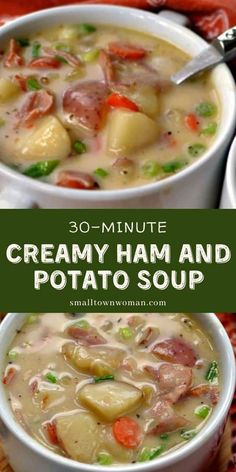 two bowls filled with creamy ham and potato soup on top of a red place mat