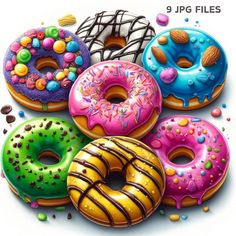 there are many donuts with different toppings on them