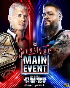 two men standing next to each other in front of a neon background with the words main event