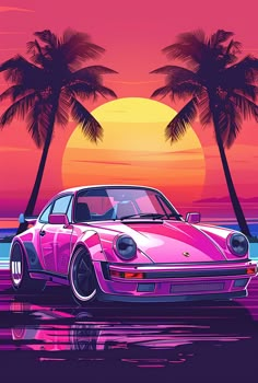 a pink car parked on the beach with palm trees in the background and an orange sunset behind it