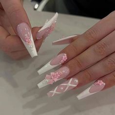 Nails White French Tip, Nails White French, Press On Nails White, French Tip Fake Nails, Nails 3d, White French Tip, Long Nail Designs, Long Nail, Coffin Press On Nails