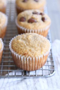 muffins cooling on a wire rack with chocolate chips in the top and bottom