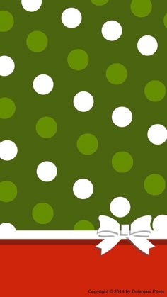 a green and white polka dot background with a bow on the corner, in front of a red ribbon