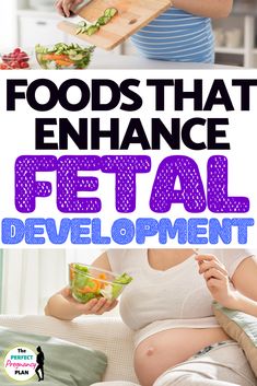 a pregnant woman holding a cutting board with food on it and the words foods that enhance fecal development