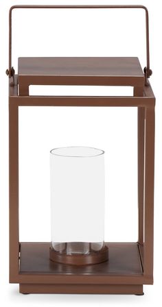 a candle holder with a glass on the top and a wooden stand for it to hold