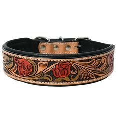 a leather dog collar with flowers on it