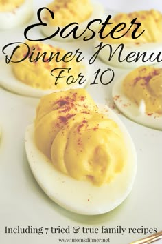 an egg with deviled eggs on it and the words, easter dinner menu for 10