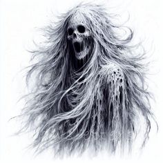 a black and white drawing of a monster with long hair